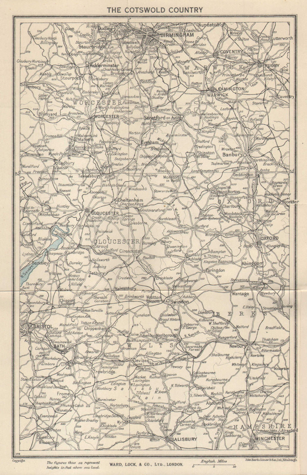 THE COTSWOLDS Gloucester Cheltenham Oxford Bath Cirencester. WARD LOCK 1945 map